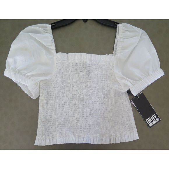 DKNY E2DSGHZG Women's Sz M White Smocked Puff Sleeve Top $69+ - Picture 1 of 4